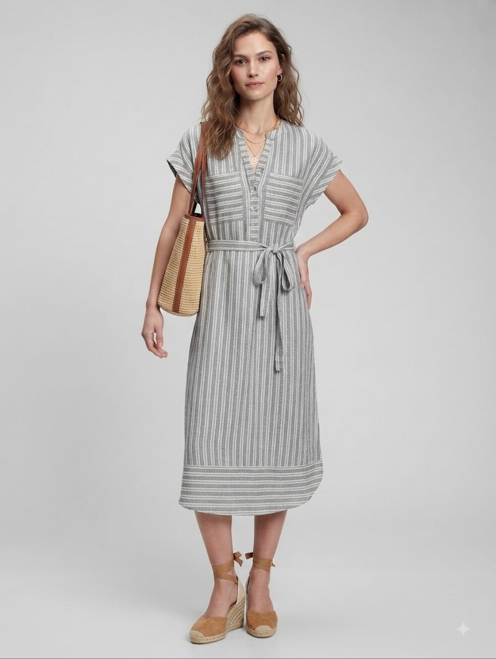 GAP Gray Striped Midi Dress Waist Tie Cap Sleeve Size XS